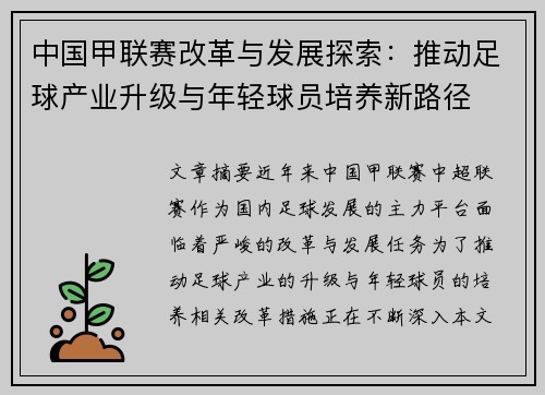 中国甲联赛改革与发展探索：推动足球产业升级与年轻球员培养新路径