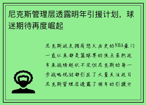 尼克斯管理层透露明年引援计划，球迷期待再度崛起
