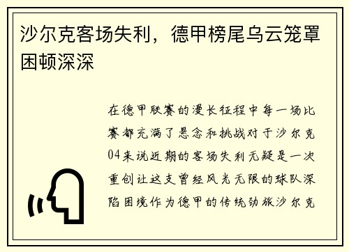 沙尔克客场失利，德甲榜尾乌云笼罩困顿深深